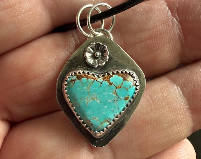 Number 8 Turquoise Heart Pendant - Sterling Silver - Natural Turquoise