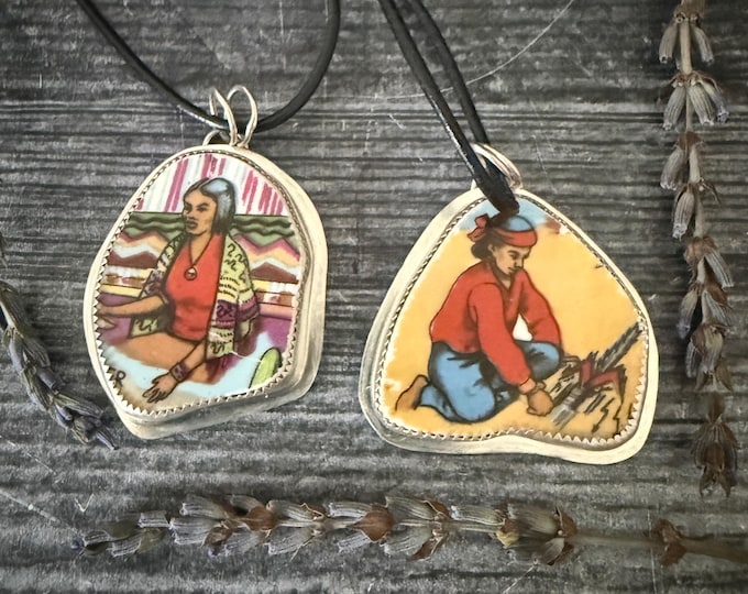 Vintage Arizona China Shard Pendant Necklace - Sterling Silver - Recycled Souvenir Plate Jewelry