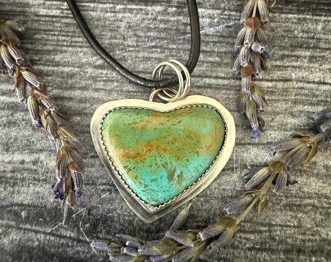 Polychrome Tyrone Turquoise Heart Pendant Necklace - Hand Cut Sterling Silver - New Mexico Turquoise
