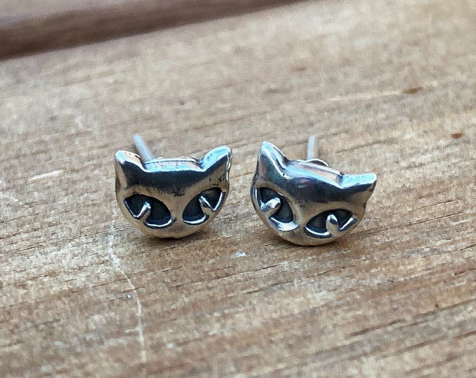 Sterling Silver Cat Face Earrings - Handmade - Studs