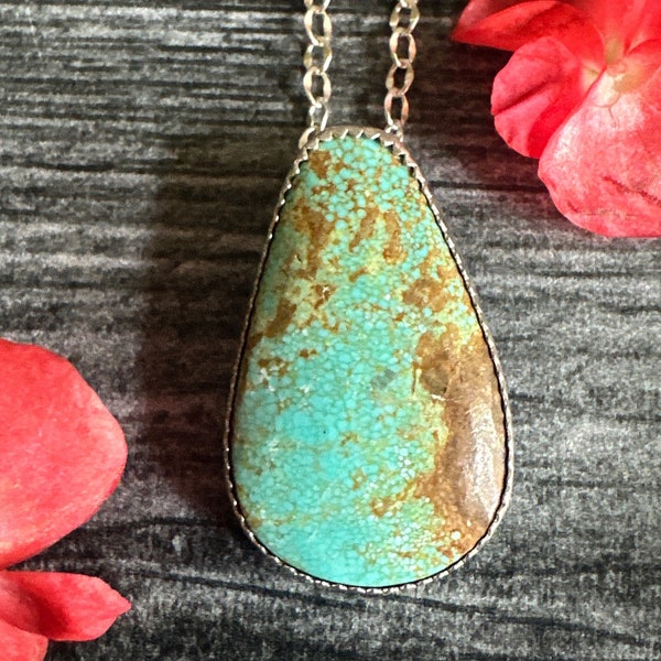 Number 8 Turquoise Teardrop Pendant Necklace | Sterling Silver Flower and Leaf | 18” Chain