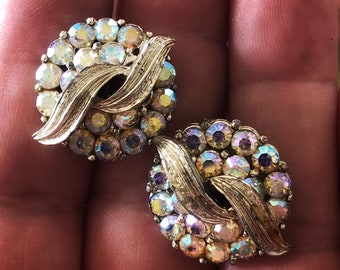 Vintage Coro Iridescent Rhinestone Earrings - Clip On - Signed - Costume Jewelry