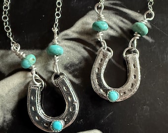 Blue Kingman Turquoise Horseshoe Necklace - Sterling Silver - 18" Chain