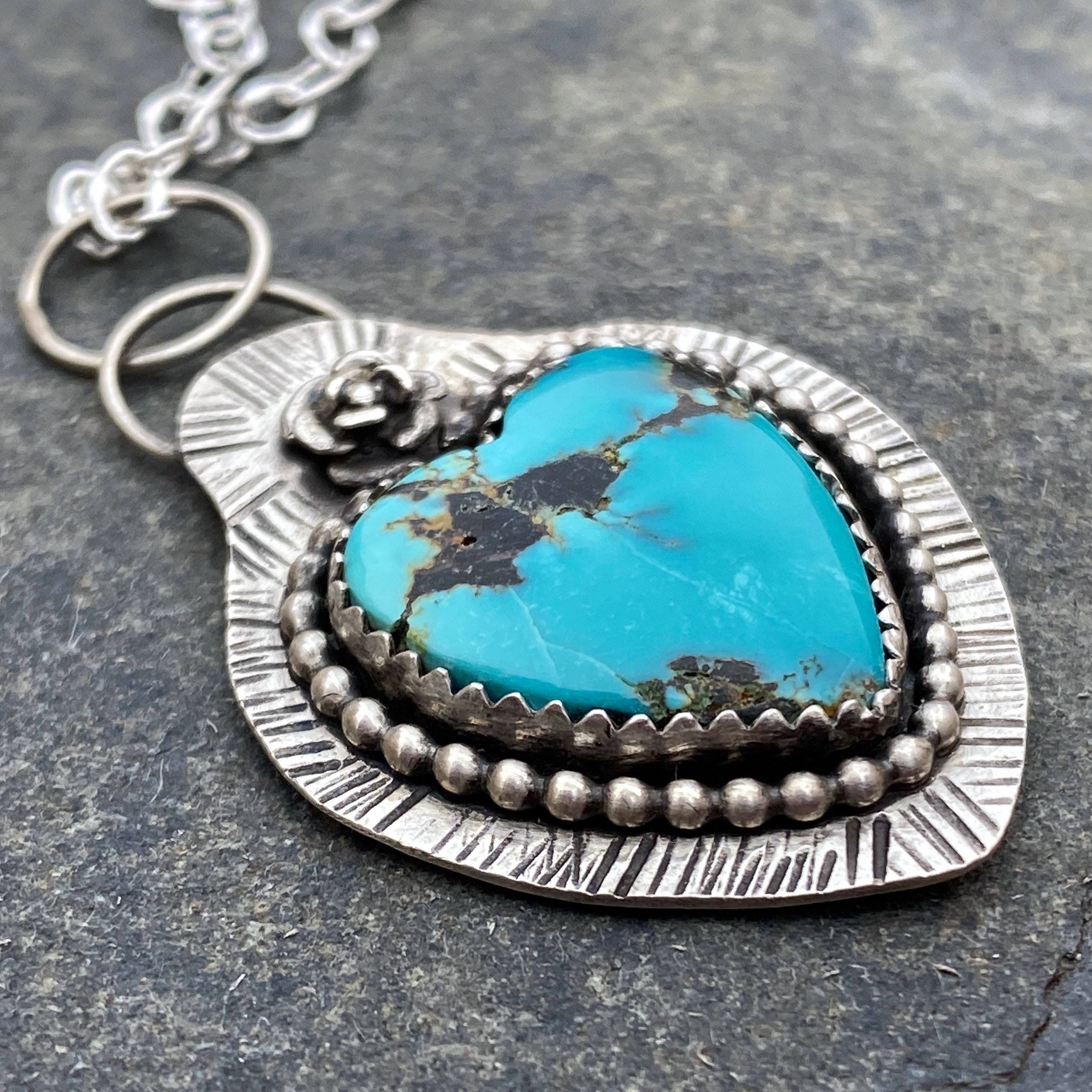 Carico Lake Turquoise Heart Pendant Necklace Hand Stamped Sterling