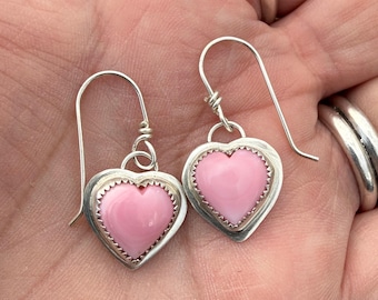 Pink Queen Conch Heart Earrings -- Sterling Silver - Dangle