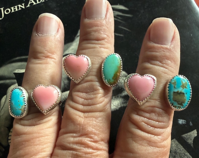 Queen Conch Heart & Sonoran Gem Turquoise Ring - Sterling Silver - Open Shank - Multiple Sizes