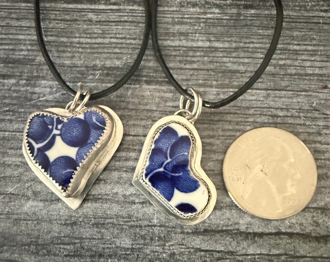 Vintage Blue Willow China Shard Pendant Necklace - Heart Pendants - Sterling Silver - Recycled China Jewelry