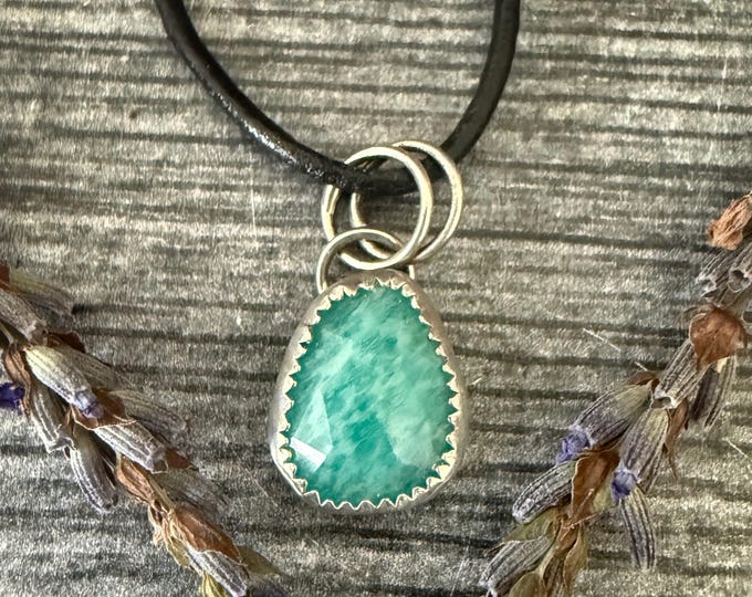 Amazonite Pendant Necklace - Handmade Sterling Silver Teardrop Necklace on Leather Cord
