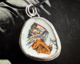 Vintage Native American China Shard Pendant Necklace - Sterling Silver - Recycled Souvenir Plate Jewelry