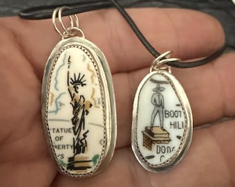 Vintage Kansas China Shard Pendant Necklace - Sterling Silver - Recycled Souvenir Plate Jewelry