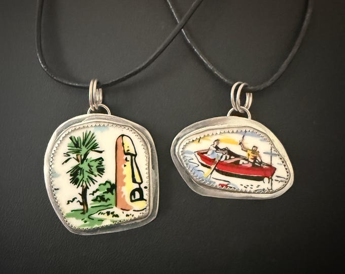 Vintage China Shard Pendant Necklace - Sterling Silver - Recycled Souvenir Plate Jewelry