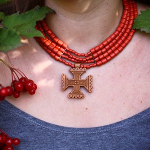 Terracota Ceramic Bead Necklace With Hutsul Wooden Cross Jewelry Woodcarving Wooden Accessories Necklace Ethno Ornament 2