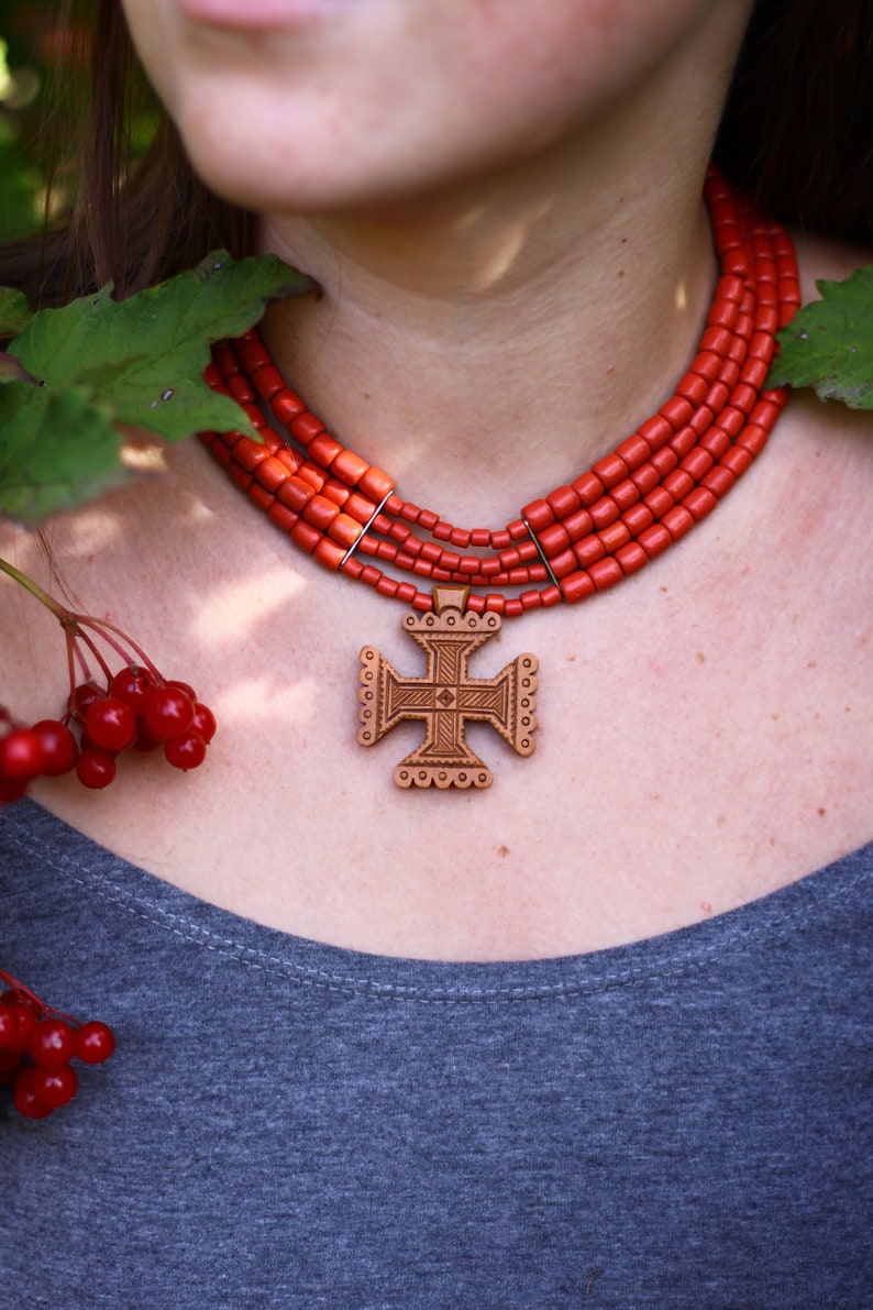 Terracota Ceramic Bead Necklace With Hutsul Wooden Cross Jewelry Woodcarving Wooden Accessories Necklace Ethno Ornament 2