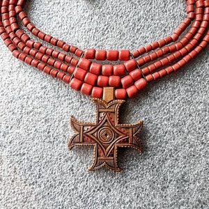 Terracota Ceramic Bead Necklace With Hutsul Wooden Cross Jewelry Woodcarving Wooden Accessories Necklace Ethno Ornament image 7