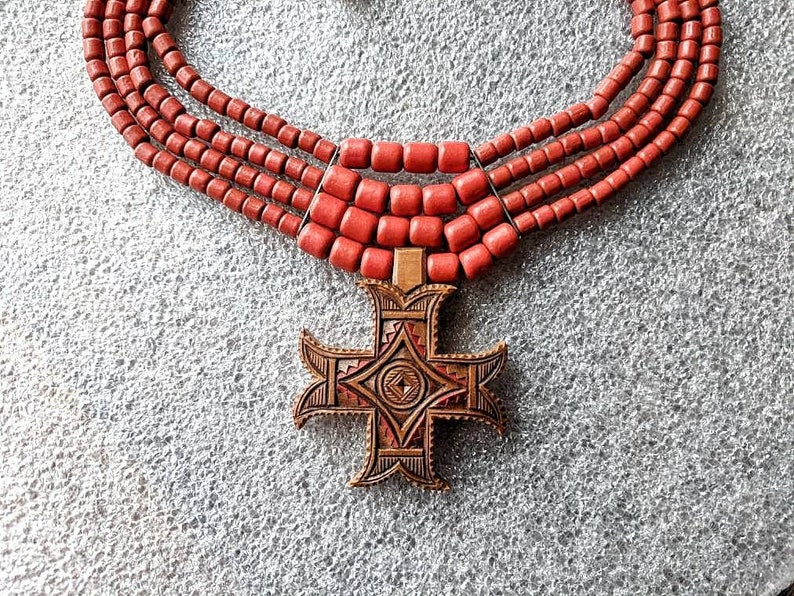 Terracota Ceramic Bead Necklace With Hutsul Wooden Cross Jewelry Woodcarving Wooden Accessories Necklace Ethno Ornament image 7