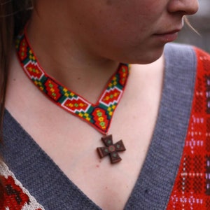 Gherdan with wooden cross,Beaded necklace, Beaded chest ornament, Traditional Ukrainian necklace, Ethno necklace