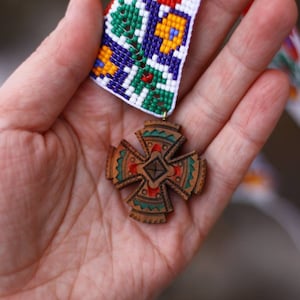 Gherdan with wooden cross,Beaded necklace, Beaded chest ornament, Traditional Ukrainian necklace, Ethno necklace
