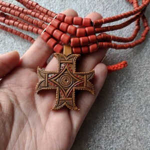 Terracota Ceramic Bead Necklace With Hutsul Wooden Cross Jewelry Woodcarving Wooden Accessories Necklace Ethno Ornament image 6