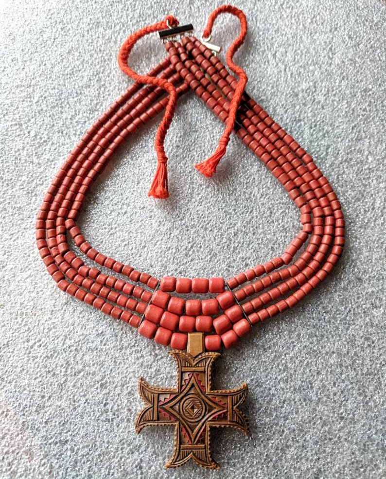 Terracota Ceramic Bead Necklace With Hutsul Wooden Cross Jewelry Woodcarving Wooden Accessories Necklace Ethno Ornament image 9