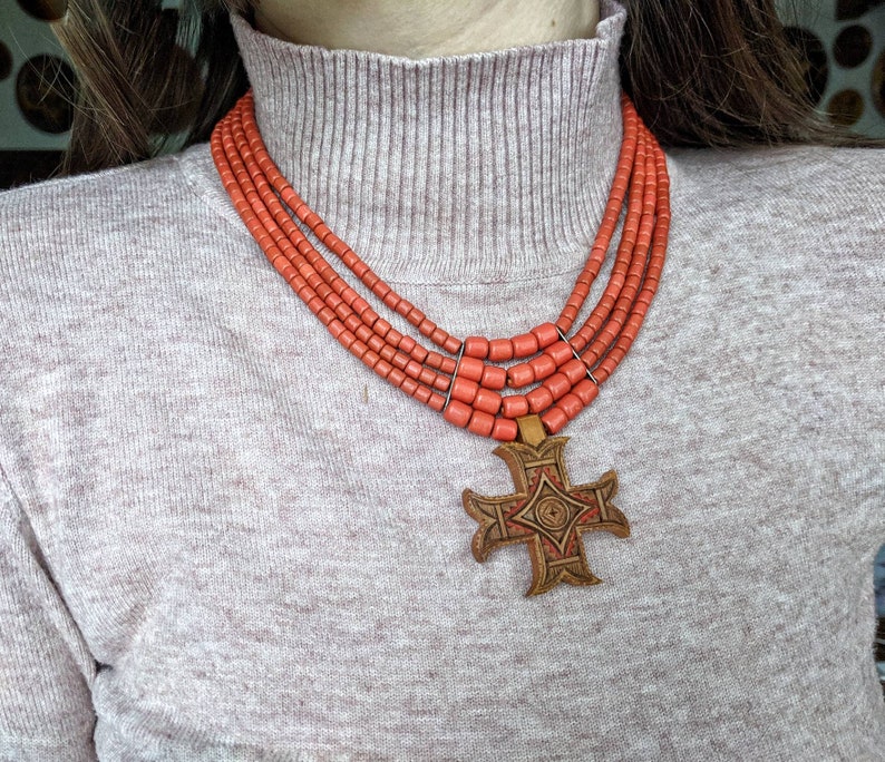 Terracota Ceramic Bead Necklace With Hutsul Wooden Cross Jewelry Woodcarving Wooden Accessories Necklace Ethno Ornament image 8