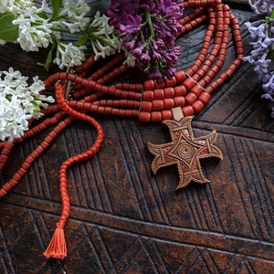 Terracota Ceramic Bead Necklace With Hutsul Wooden Cross Jewelry Woodcarving Wooden Accessories Necklace Ethno Ornament 1