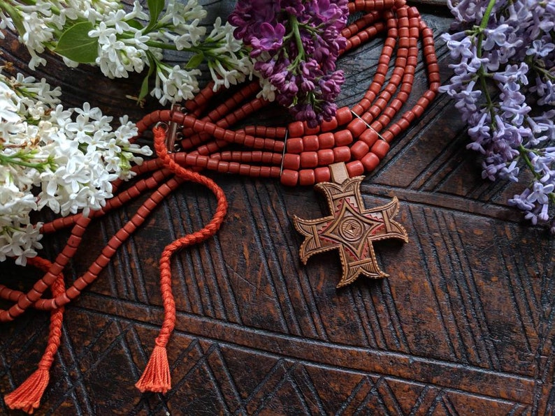 Terracota Ceramic Bead Necklace With Hutsul Wooden Cross Jewelry Woodcarving Wooden Accessories Necklace Ethno Ornament 1
