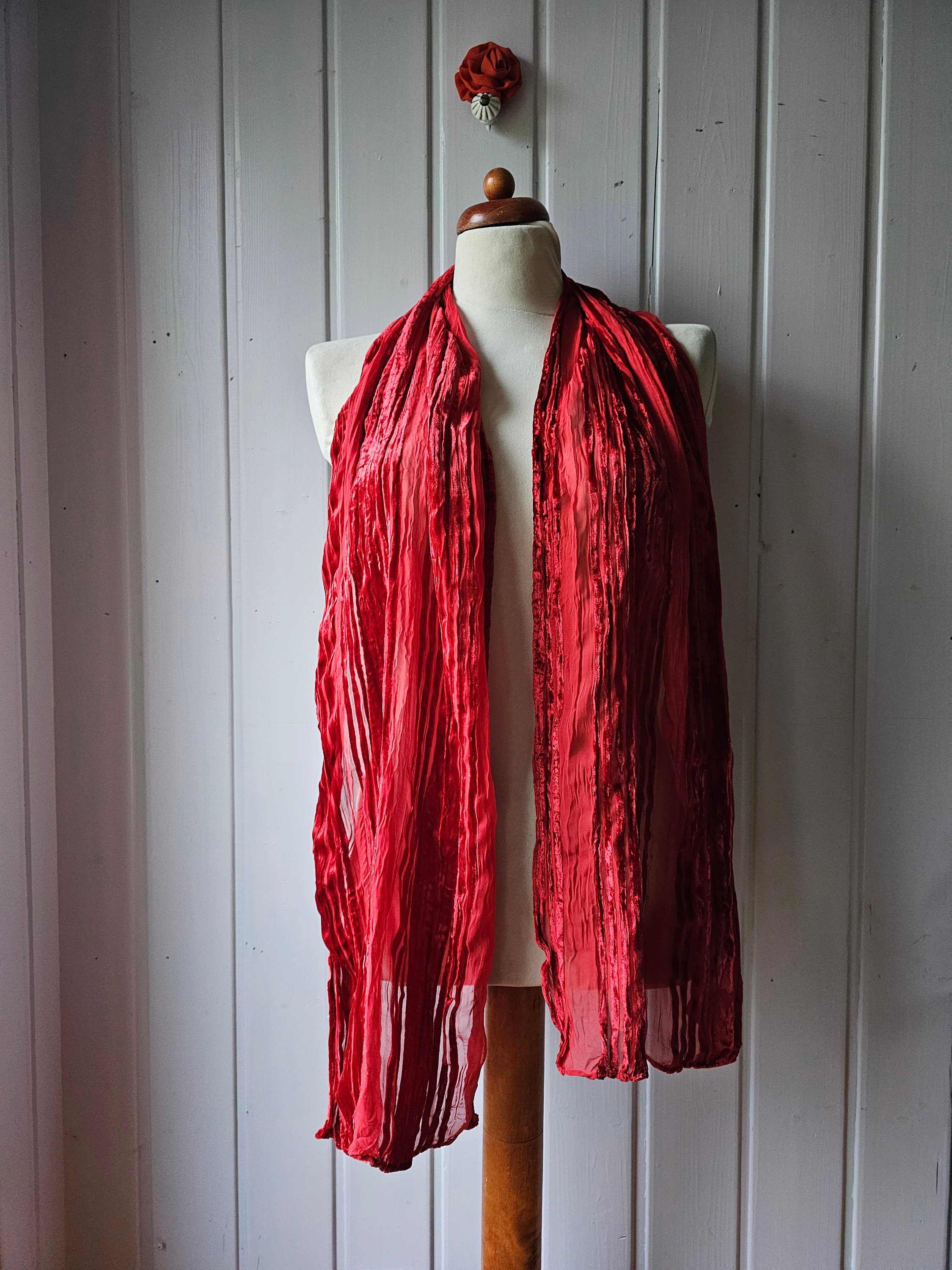 Long, Narrow Vintage Scarf, Crushed Velvet With Translucent