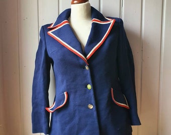 Laine vierge, veste vintage bleu foncé, taille 40 modèle Bettina