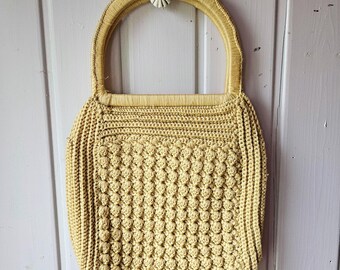 Large cream-colored crocheted handbag with handles, handmade