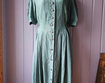 Vintage dress, linen, sea blue, size 42/44 country house fashion