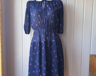 Dark blue vintage dress with Peter Pan collar, size 38/40