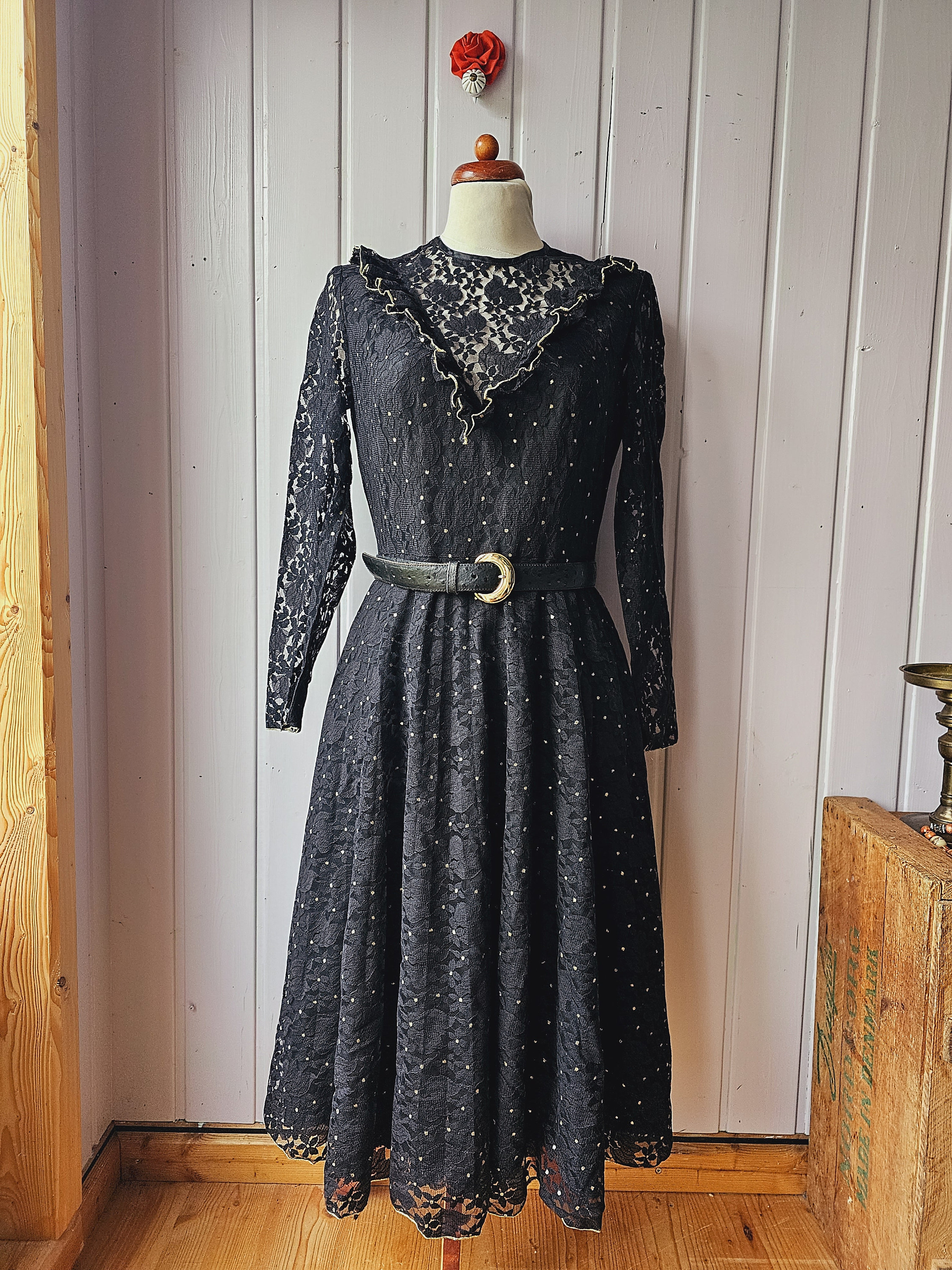 Black Lace Dress With Gold Dots Size 38 40 Etsy Canada
