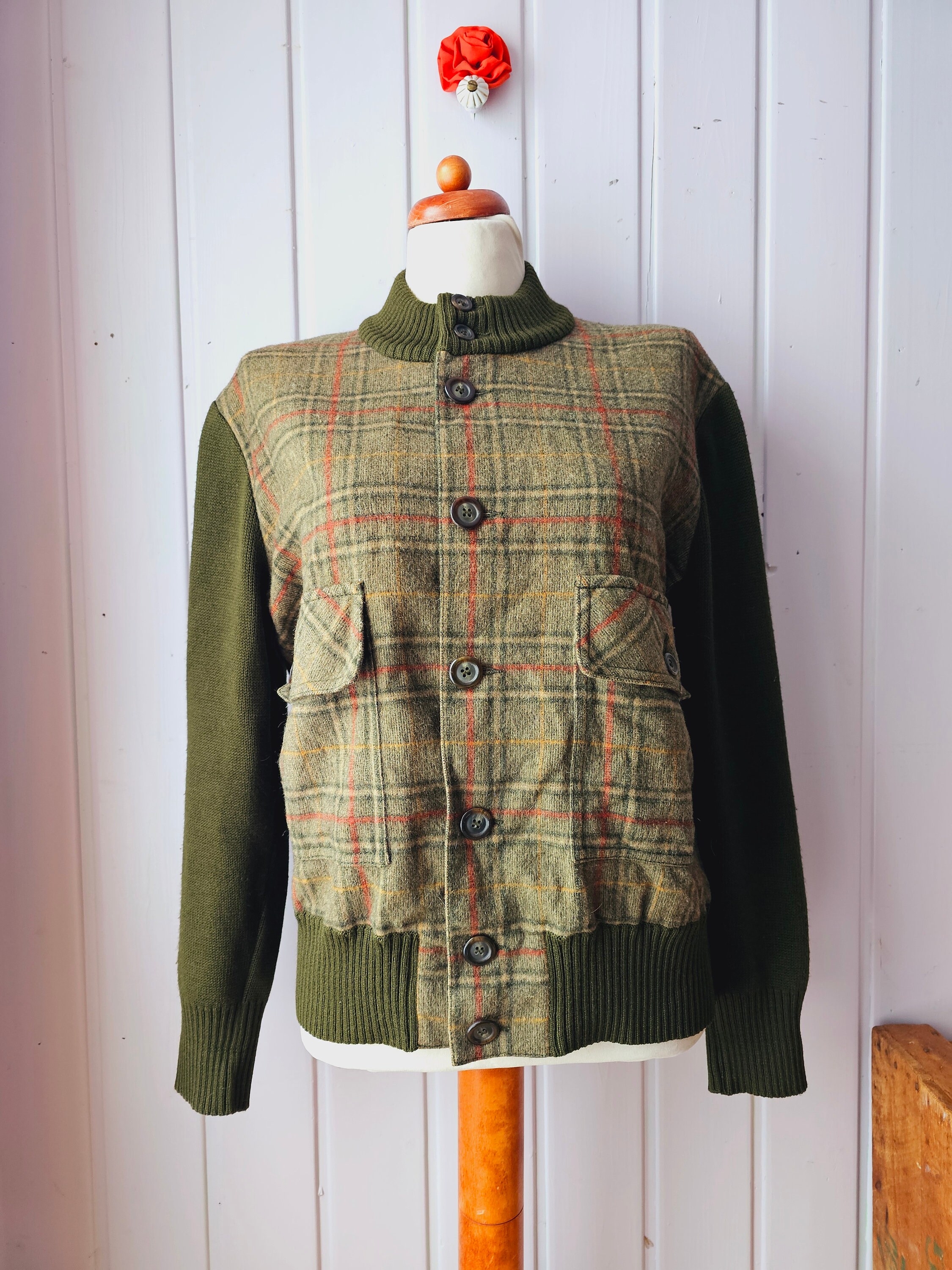 Wool Jacket Tartan Vintage Check With Stand-up Collar Size