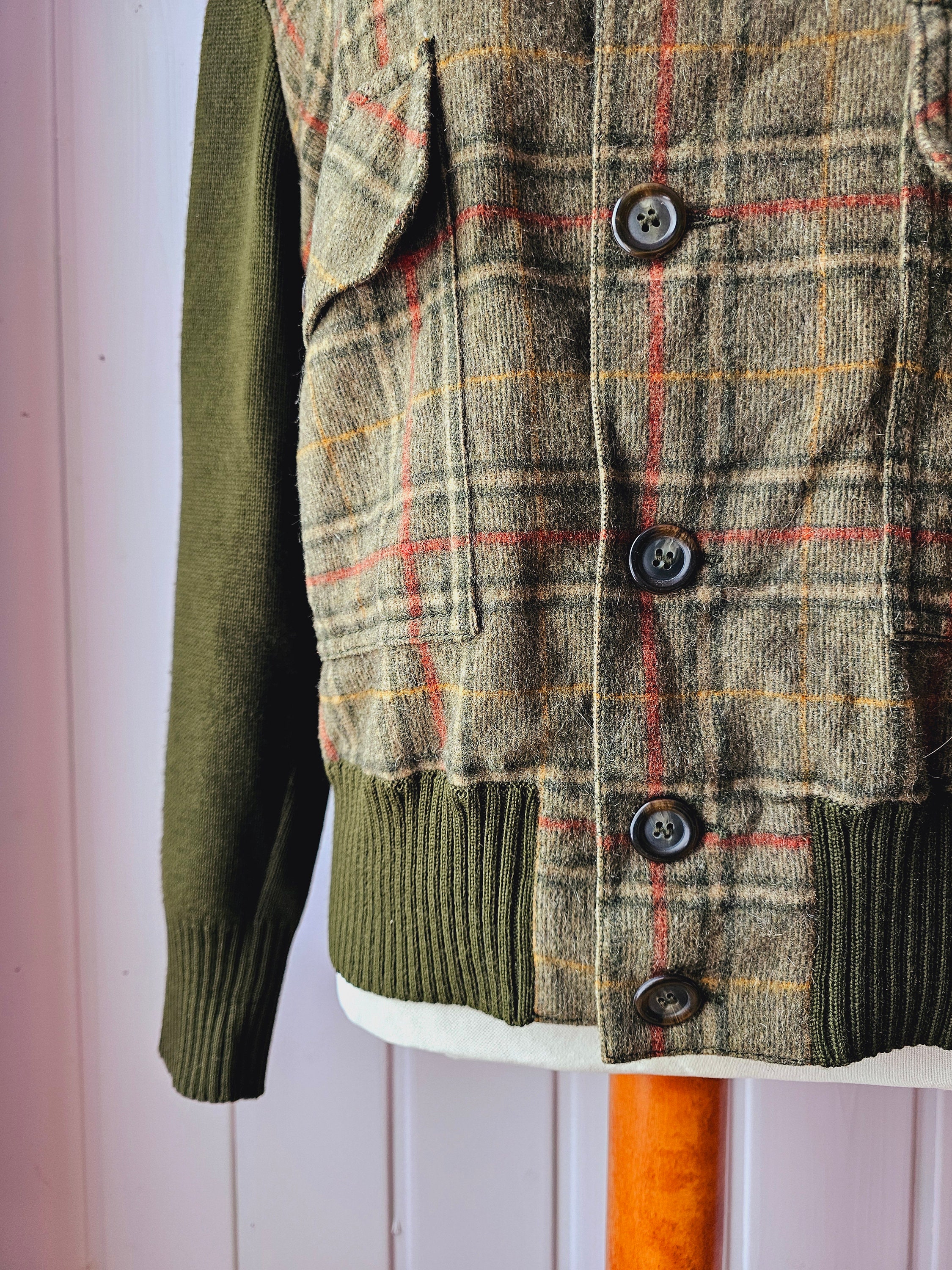 Wool Jacket Tartan Vintage Check With Stand-up Collar Size