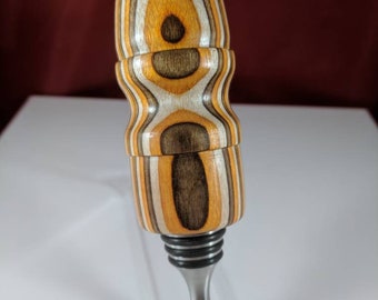 Hand Turned Stainless Steel Bottle Stopper in Orange and Brown Spectraply Wood