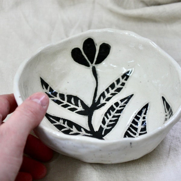 Handmade ceramic pinch bowl monochrome flower botanical sgraffito design carved pinched stoneware clay speckled glaze