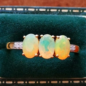 Vintage 9ct Solid Gold Fire Opal & 0.04ct Diamond Half Eternity Ring, Fully Hallmarked 9k Gold Natural Fire Opal Ring, British Vintage