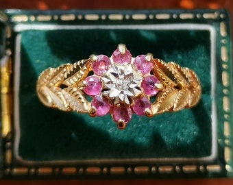 Vintage 9ct Solid Gold Ruby and Diamond Cocktail Ring, 9k Gold Ruby Flower Ring, Floral Ruby Ring, British Vintage Ring Made in London 1991