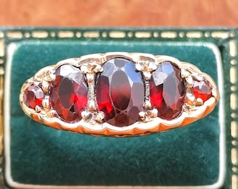 Vintage 9ct Gold Five Stone Garnet Ring, 1973 Birmingham Hallmarked, British Vintage Boat Ring, 5-stone Natural Garnet Ring, UK R, US 8.5