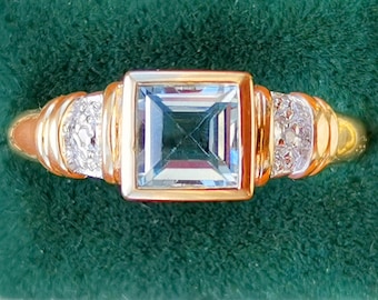 Vintage 9 kt massief gouden aquamarijn en 0,02 kt diamanten ring, volledig Engels gemarkeerde aquamarijnring, aquamarijn statement ring, UK N.5, VS 7