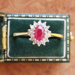 Vintage 9ct Yellow Gold Ruby & 0.25ct Diamond Cluster Ring, UK/London Hallmarked 9k British Vintage, Natural Ruby and Diamond, UK P, US 7.5