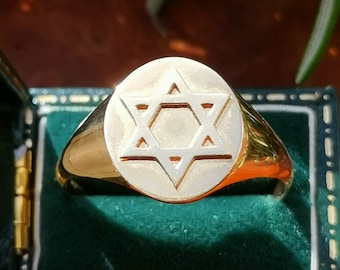 Anillo de sello de oro macizo vintage de 9 qt con estrella, anillo de sello de estrella judía de David, anillo de oro vintage británico 375 totalmente marcado, sello de estrella