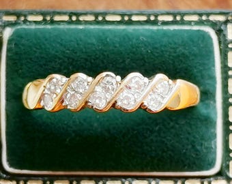Vintage 9ct Yellow Gold 0.20ct Diamond Half Eternity Ring, Fully Hallmarked British Vintage Gold Ring, Diamond Set Wave Band, UK P.5, US 8