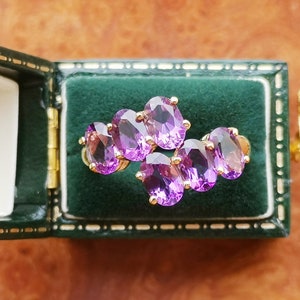 Vintage 9ct Solid Gold Six Stone Amethyst Set Ring, Fully Hallmarked 9k Gold 375 British Vintage Ring, 5-stone Natural Amethyst Ring