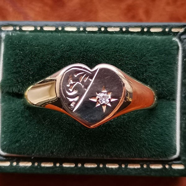 Vintage 9ct Solid Gold and Diamond Heart Signet Ring, Fully Hallmarked 9k Gold 375 British Vintage Gold Ring, 1976 Sheffield Hallmarked