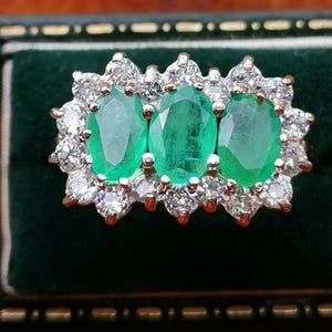 Vintage 9ct Gold Emerald & Cubic Zirconia Half Eternity Ring, Natural Emerald 3 Stone Ring, Fully Hallmarked British Vintage, UK N, US 6.75