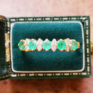 Vintage 18ct Solid Gold Emerald and 0.10ct Diamond Half Eternity Ring, UK/English Hallmarked 18k Gold Ring, British Vintage, UK P, US 7.75 image 1