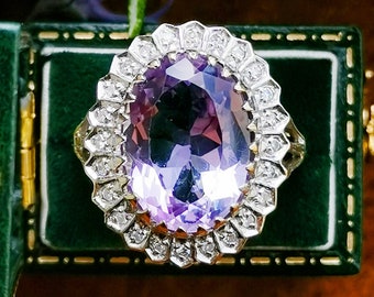 Vintage 9ct Solid Gold Amethyst and Diamond Halo Ring, 9k Gold Natural Amethyst Cluster Ring, Hallmarked British Vintage, UK N, US 6.75