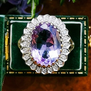 Vintage 9ct Solid Gold Amethyst and Diamond Halo Ring, 9k Gold Natural Amethyst Ring, Hallmarked British Vintage, 24 Diamonds Statement Ring