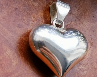 Vintage Italian Sterling Silver Heart Pendant, Sterling Silver Puffed Heart Charm, 925 Sterling Silver, Free Shipping